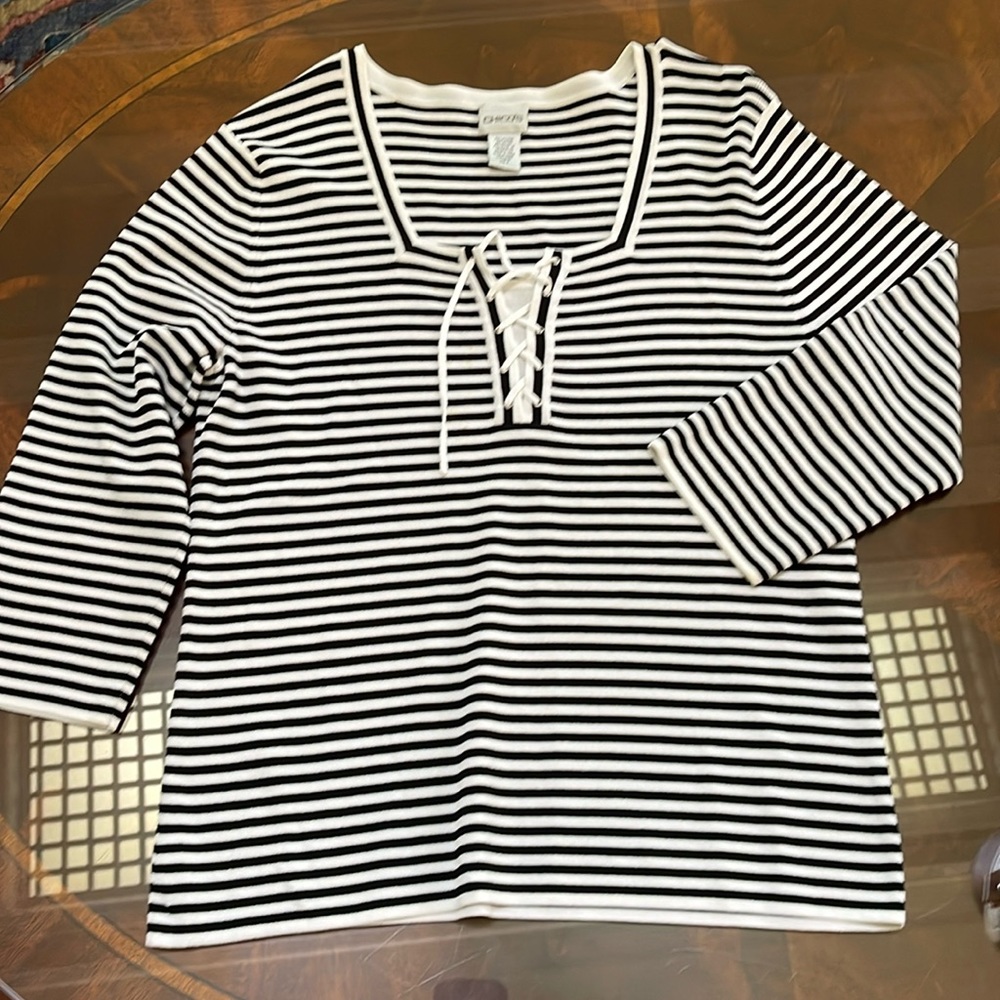 Chicos black white stripe tie sweater size medium/chicos 2